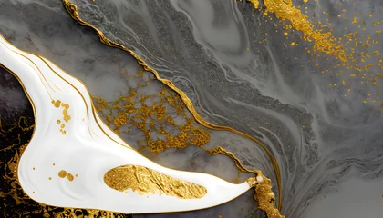 Schilderijen op glas Abstract art luxury black background of liquid fluid black, white and gold glitter with copy space for text for background, banner, wallpaper. © by korkeng