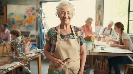 Smiling retired woman taking painting classes in an art studio. She has white hair and wears a...