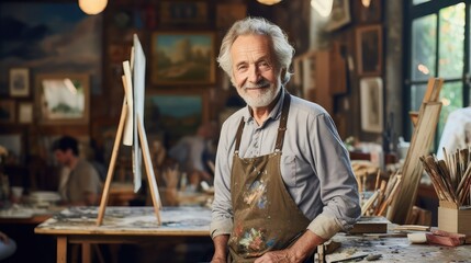 Smiling retired bearded man taking painting classes in an art studio. He has white hair and wears a grey shirt and a brown apron. Image generated with AI