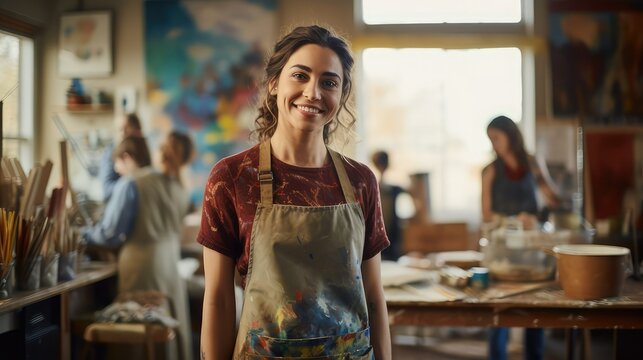 Young, smiling woman attending painting classes in an art studio. She has long, wavy brown hair and wears a red t-shirt and a brown apron. Image generated with AI