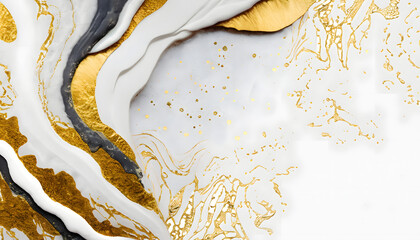 Abstract art luxury white background of liquid fluid white and gold glitter with copy space for text for background, banner, wallpaper.