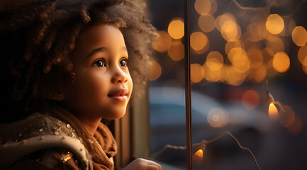 Uma linda menina olhando pela janela com um fundo de luzes - obrazy, fototapety, plakaty