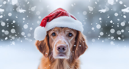 Um lindo cachorro com gorro de papai noel com neve no seu focinho e neve ao fundo - obrazy, fototapety, plakaty
