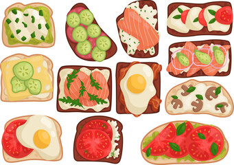 Vector set with toasts with cheese, vegetables, fish, bacon