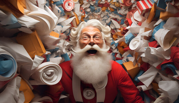 Um feliz papai noel com fundo cheio de papeis coloridos