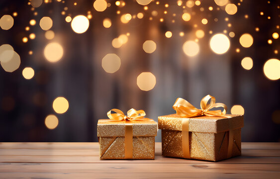 Dois lindos presentes dourados com um belo fundo de luzes