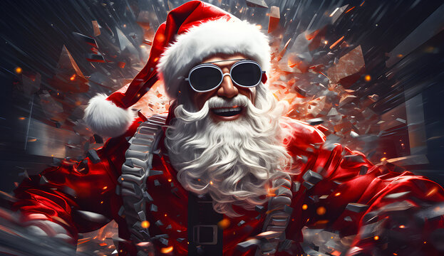 Um moderno papai noel de oculos escuros com fundo cheio de cores e movimentos