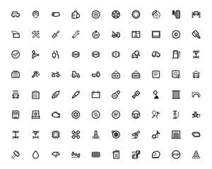 Set vector line icons with open-path car service, auto repair, and transport elements for mobile concepts and web apps. Editable vector.
