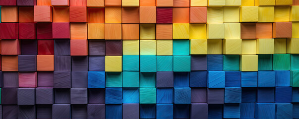 Colored wooden cubes wall. Abstract geometric rainbow blocks. wide banner