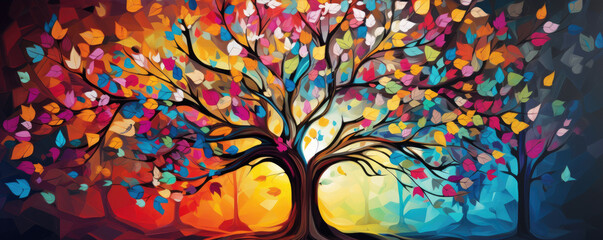 Rainbow color tree panorama photo.