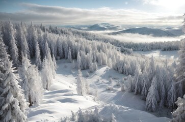 Snow Mountain in the winter with cold frost Glacier and blue sky, frozen lake and snowflake on pine in alps mount