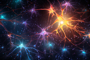 Neuronal cells forming a neural network. cells which communicate with each other and learn from each other. Future tech and artificial intelligence made with Generative AI