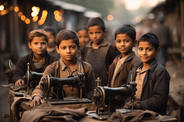 Child labour, children sewing clothes for textile and fashion industry, social issue - obrazy, fototapety, plakaty