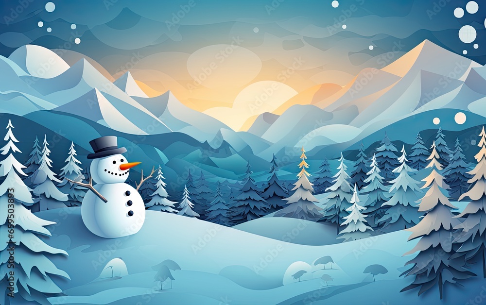 Wall mural paper cut art winter scenery landscape snowman Generative AI - Wall murals