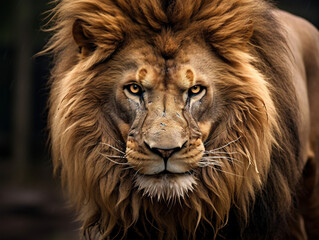 Closeup of a ferocious lion, showing its intense and intimidating expression.