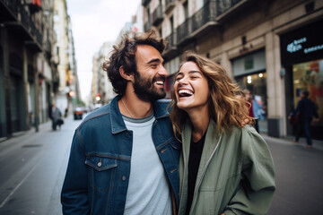 Young Beautiful couple laughs happily and walks through the streets of Barcelona