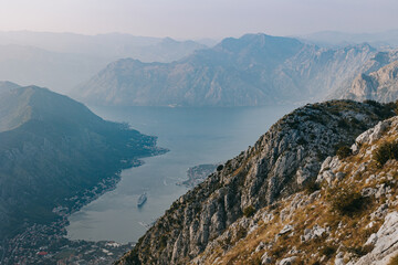 Amazing view of Kotor city and Boko-Kotor Bay from the hill, Montenegro.