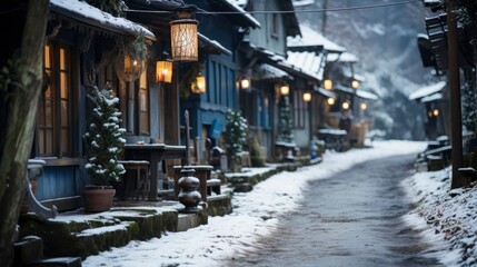 Fototapeta na wymiar Snowy alley in a village Quaint winter alleyway, Background Image,Desktop Wallpaper Backgrounds, HD