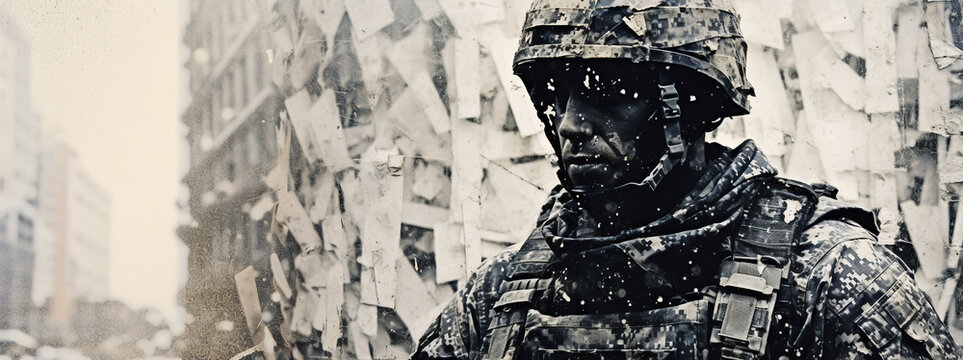 WAR, SOLDIER IN A DESTROYED CITY, HORIZONTAL FUTURISTIC IMAGE. image created by legal AI