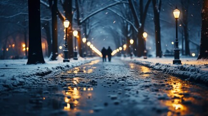 Naklejka premium Snowy street in the city Urban winter street scene, Background Image,Desktop Wallpaper Backgrounds, HD