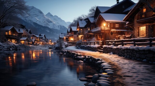 Snowy mountain village with Christmas lights, Background Image,Desktop Wallpaper Backgrounds, HD