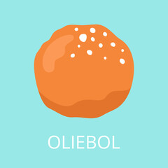Oliebol. Dutch traditional doughnut with sugar. Typical fried sweet dessert for New Year celebration. Vector cartoon illustration.