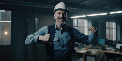 Portrait of a Male Engineer in a white helmet on a office background. Happy Man Builder, Architect, Manager in a hardhat. Men at work