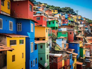 A lively favela neighborhood filled with brightly colored and vibrant houses, exuding vibrancy and liveliness.
