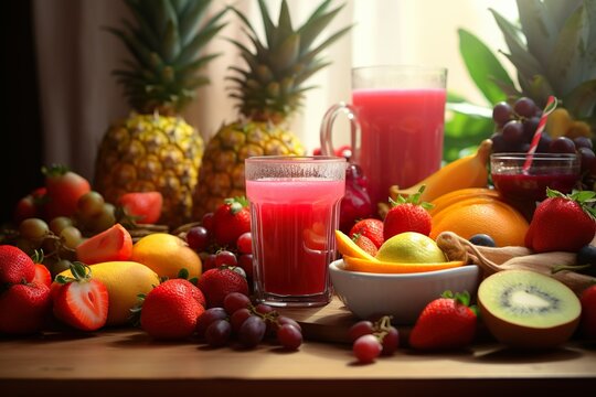Saft in gl&auml;sern mit vielen frischen bunten Fr&uuml;chten, Fr&uuml;hstuck mit leckerem bunten Obst, Vitamine Gesundheit lecker