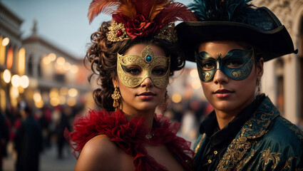 Bellissima coppia con maschere e costumi a una festa del carnevale di Venezia di sera