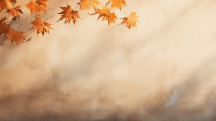 Naklejka na ściany i meble Autumn background with shadow of the maple tree leaves on a wall. Abstract Autumnal scene.