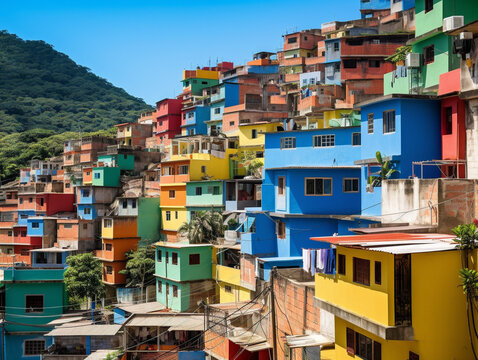 A lively favela community with brightly colored houses, showcasing a vibrant and energetic neighborhood.