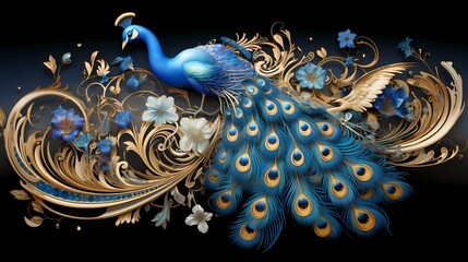 A peacock, featuring opulent golden accents and regal motifs, 3D style