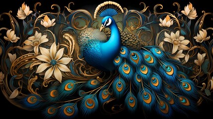 A peacock, featuring opulent golden accents and regal motifs, 3D style