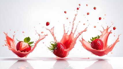 Sweet fresh strawberry juice or jam splash swirl with strawberry. Red berry juice splashing, strawberries juice isolated - obrazy, fototapety, plakaty