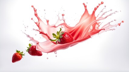 Sweet fresh strawberry juice or jam splash swirl with strawberry. Red berry juice splashing, strawberries juice isolated - obrazy, fototapety, plakaty