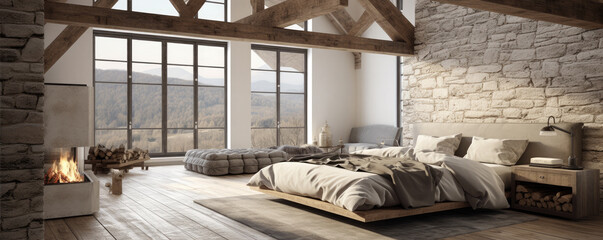 Obraz premium Bedroom interior design with wooden beams in ceiling and hardwood floor.