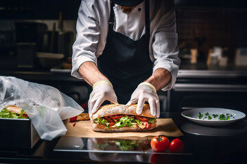 A chef preparing street food from fresh bread, tomato and salad