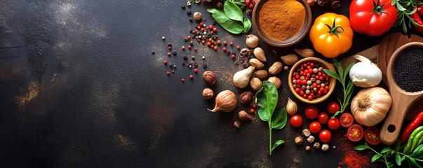 Fototapeten Black stone cooking background, Gourmet Cuisine: Aromatic Spices and Organic Vegetables for Delicious Meals , Spices and vegetables, Top view  Free space, Kitchen Essentials: Culinary Herbs  © ruslee