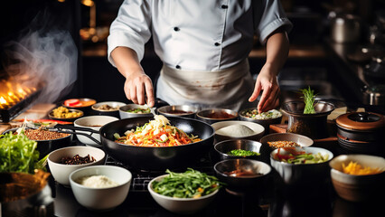 Chef cooking asian food in a kitchen
