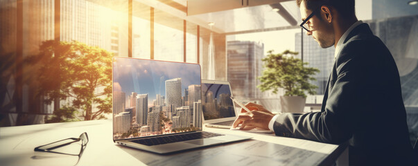 real estate with laptop and hands, property value