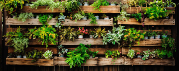 Old pallets with hanging green plants,