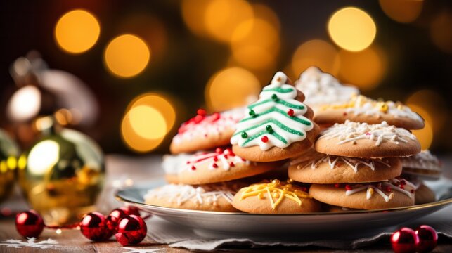 Photo of a delicious assortment of homemade beautifully iced Christmas cookies. Created with Generative AI technology