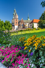 Summer view of Wawel cathedral and Wawel castle with blooming flower on the Wawel Hill, Krakow, Poland