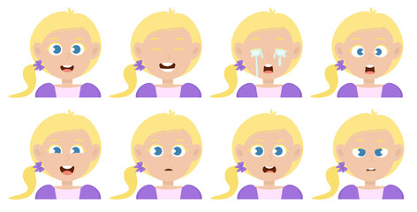 Cute little blonde hair girl avatar with different facial expression