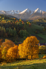 Mountain landscape, Tatra mountains panorama, colorful autumn view from Osturnia village, Slovakia.