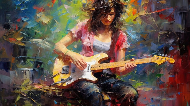 Antique Colorful Liquid Art Watercolor Illustration of Lady Guitarist Playing Guitar on Canvas