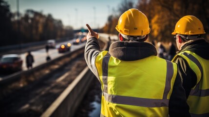 Obraz premium Road construction supervision team Civil engineers work at road construction sites to supervise new road construction and inspect road construction sites.