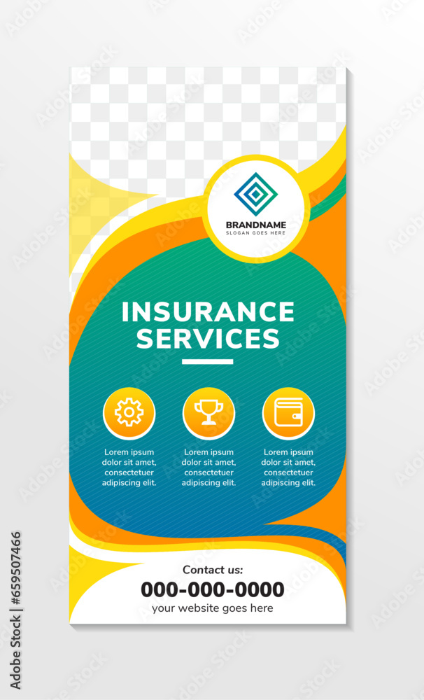 Poster insurance services banner template design with photo and text placement, professional eye catchy col
