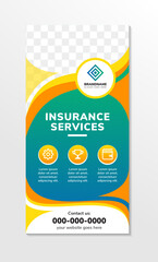 insurance services banner template design with photo and text placement, professional eye catchy colorful background, line pattern Standard for web page banner and social media, vertical vector layout - obrazy, fototapety, plakaty